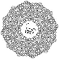 Antistress mandala with curls, waves and scorpio zodiac sign in the center, zen coloring page in the form of a round frame vector