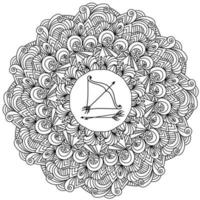 Contour zen mandala with linear patterns and zodiac sign Sagittarius in the center, antistress coloring page from various weaves vector