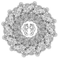 Contour zen mandala with arches and fantasy curls and a symbol in the center, zodiac sign Gemini in a round doodle frame with wavy lines, anti stress coloring book page vector