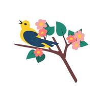 Colored bird on a flowering tree branch. Vector illustration