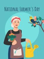 National Farmer's Day. Woman holding a pot of flowers and a watering can. Vector illustration in flat style