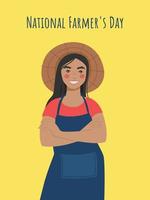 National Farmer's Day. Woman in apron and straw hat. Vector illustration in flat style