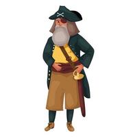 viejo capitán pirata con traje, sombrero triangular y espada. ilustración de vector plano de dibujos animados aislado sobre fondo blanco