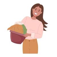 Happy woman holds laundry basket with washed clean clothes. Cute smiling female character. Flat cartoon vector illustration isolated on white background