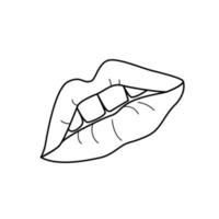 Women's lips sketchy style. Open mouth with teeth in linear style. Black vector illustartion isolated on white background