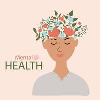 Smiling happy woman. Mental health concept. Hand drawn vector illustration on beige background