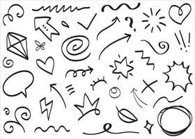 Abstract arrows, ribbons, crowns, hearts, explosions and other elements in hand drawn style for concept design. Doodle illustration. Vector template for decoration