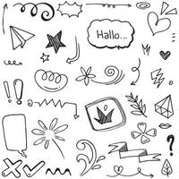 Abstract arrows, ribbons, crowns, hearts, explosions and other elements in hand drawn style for concept design. Doodle illustration. Vector template for decoration