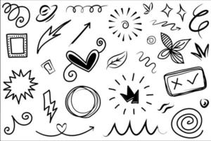 Abstract arrows, ribbons, crowns, hearts, explosions and other elements in hand drawn style for concept design. Doodle illustration. Vector template for decoration