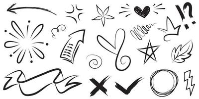 Abstract arrows, ribbons, crowns, hearts, explosions and other elements in hand drawn style for concept design. Doodle illustration. Vector template for decoration