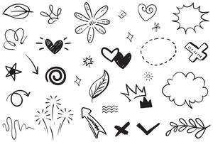 Abstract arrows, ribbons, crowns, hearts, explosions and other elements in hand drawn style for concept design. Doodle illustration. Vector template for decoration