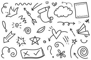 Abstract arrows, ribbons, crowns, hearts, explosions and other elements in hand drawn style for concept design. Doodle illustration. Vector template for decoration