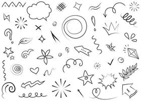 Abstract arrows, ribbons, crowns, hearts, explosions and other elements in hand drawn style for concept design. Doodle illustration. Vector template for decoration