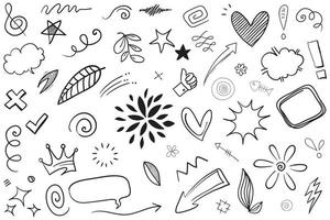 Abstract arrows, ribbons, crowns, hearts, explosions and other elements in hand drawn style for concept design. Doodle illustration. Vector template for decoration