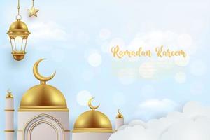 Fondo 3d ramadan kareem con mezquita y linterna dorada. vector