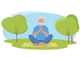 Mature older man meditating and exercising yoga lotus position in nature vector