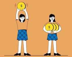 Earning money, increasing capital. Women hold gold coins in their hands. Monetary Profit, make money vector