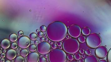 Abstract Colorful Food Oil Drops Bubbles and spheres Flowing on Water Surface, macro Videography