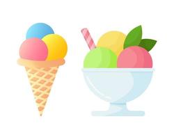 tres cucharadas de helado en un tazón, adornado con hojas de menta. fresa, pistacho, helado de vainilla en cono de galleta. icono de helado simple vector