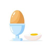 Boiled egg in shell, in stand, and half of boiled egg, isolated on white background. Breakfast. Design element of the menu of cafe or restaurant. Protein food. Healthy eating vector