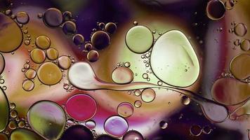 Abstract Colorful Food Oil Drops Bubbles and spheres Flowing on Water Surface, macro Videography video