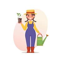 Cute Gardener girl in overalls and straw hat holds flower pot with a sprout and a garden watering can. Cartoon character. Gardening, housekeeping vector