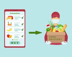 Online food order infographic. Smartphone screen with products and BUY button. Courier with box of food. Delivery service landing page template. Webpage, app mobile design vector