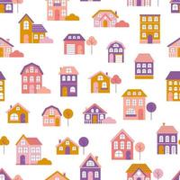 Cute little houses with trees in flat style on white background, vector seamless pattern, design for children, fabric, paper products
