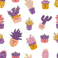 Cute succulents and cacti on white background. Vector seamless pattern of indoor plants in flat hand drawn style with smiles and funny faces