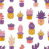 Cute succulents and cacti on white background. Vector seamless pattern of indoor plants in flat hand drawn style with smiles and funny faces