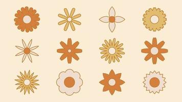 Collection of simple blooming flowers in 1970s psychedelic hippie style. Set of graphic stickers in retro design. groovy background. editable stroke isolated vector illustration