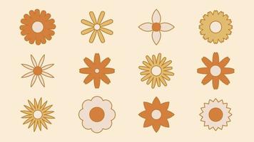 Collection of simple blooming flowers in 1970s psychedelic hippie style. Set of graphic stickers in retro design. groovy background. editable stroke isolated vector illustration