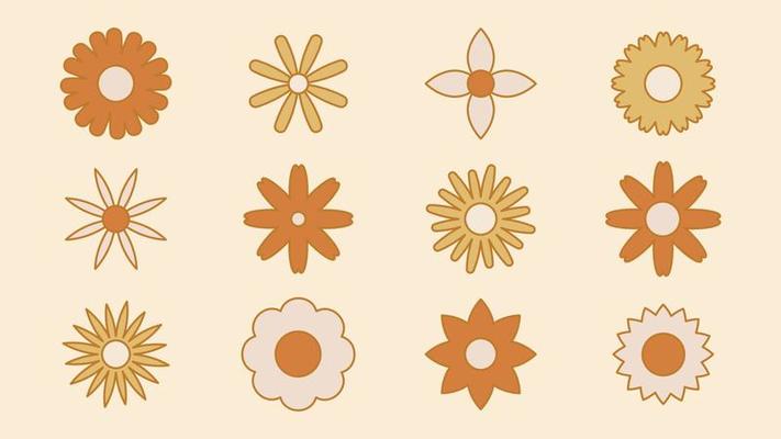Collection of simple blooming flowers in 1970s psychedelic hippie style. Set of graphic stickers in retro design. groovy background. editable stroke isolated vector illustration
