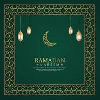 ramadan kareem, fondo de lujo verde árabe islámico con marco de patrón geométrico y linternas vector