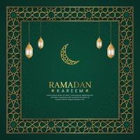 Ramadan Kareem, Islamic Arabic Green Luxury Background with Geometric pattern Frame and Lanterns vector