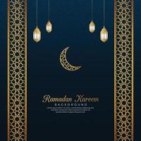 ramadan kareem, fondo de lujo azul árabe islámico con borde de patrón geométrico y linternas vector