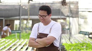 Happy Asian man farmer standing and laughing in a hydroponics farm. Asian male farmer working with hydroponic vegetable garden at greenhouse. Small business owner and business. Organic vegetables video