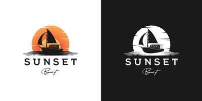 traditional sailing yacht, boat, ship and exotic sunset scene silhouette logo design vector