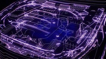 Holographic animation of 3D wireframe car model with engine video