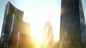 stadsskyskrapor med linsstil vid solnedgången video
