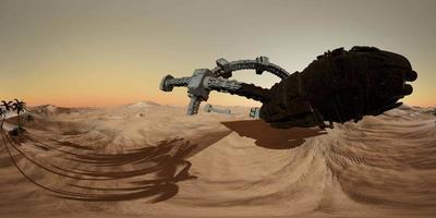 VR360 old rusted alien spaceship in desert. ufo video