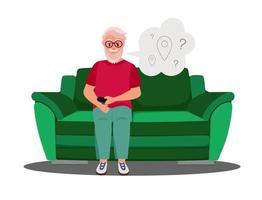 Dementia Grandpa on the couch can't figure out where he is Vector illustration in flat style