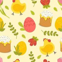 Easter pattern with a cake of eggs and chicken on a yellow background. Vector illustration in a flat style