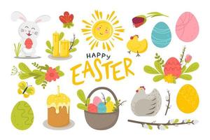 A set for the Happy Easter holiday with rabbit eggs, flowers, willow and other attributes.  Vector illustration in a flat style isolated on a white background