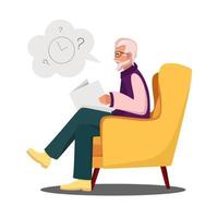 Dementia Grandpa in a chair can't remember what time it is Vector illustration in flat style