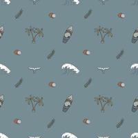 Hand Drawn Vector Seamless Pattern. Surfboards, Waves, Palm Trees And Coconuts.