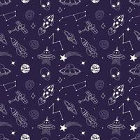 Hand Drawn Space Elements Seamless Pattern. Vector Outline Illustrations.