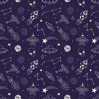 Hand Drawn Space Elements Seamless Pattern. Vector Outline Illustrations.