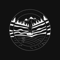 Hand Drawn Badge With Mountains And A Waterfall. Camping Concept. Outline Vector Illustration