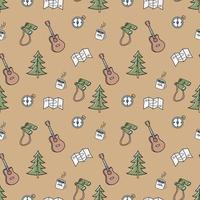 Camping Elements, Seamless Pattern. Guitars, Christmas Trees, Binoculars And Others. Flat Vector Illustration